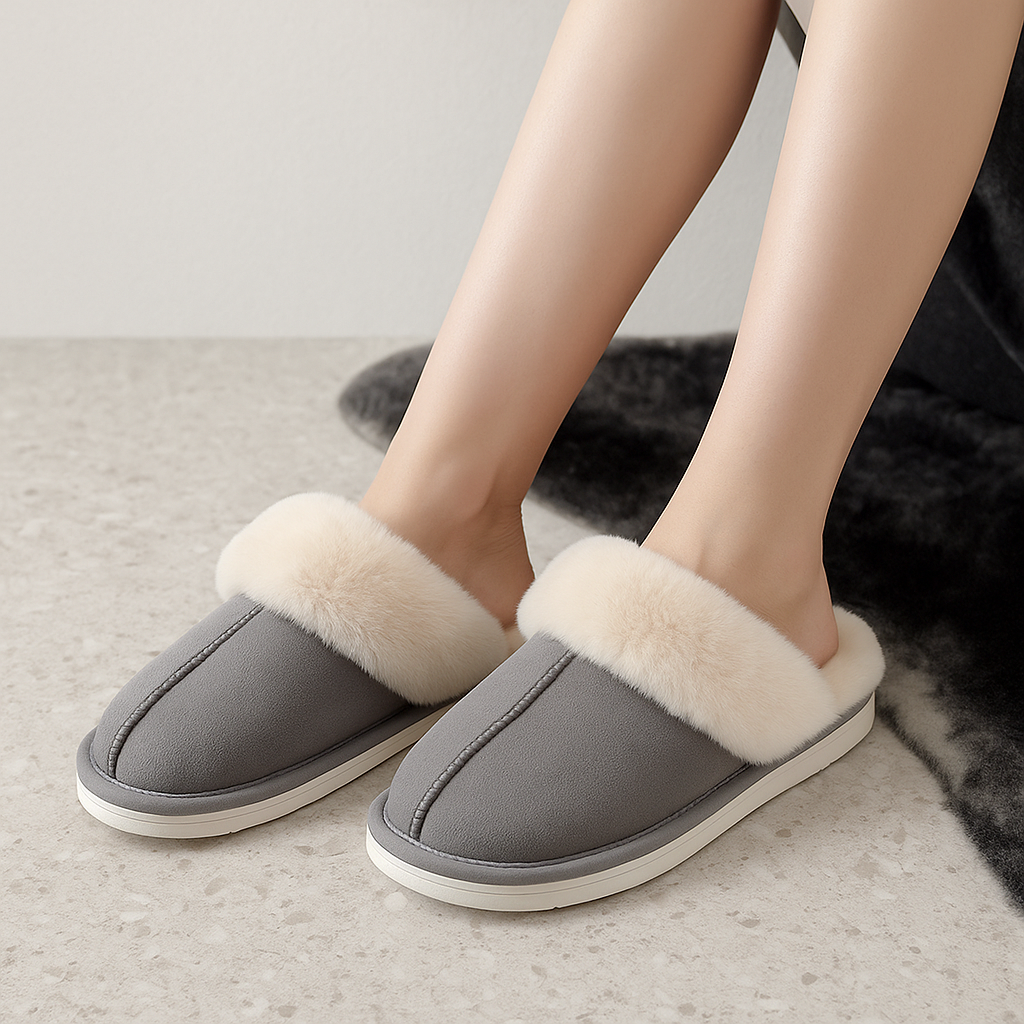 Light gray fox fur cotton slippers on indoor flooring

