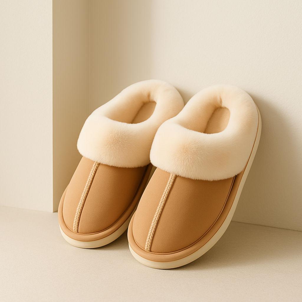 Beige fox fur slippers styled in a warm home setting