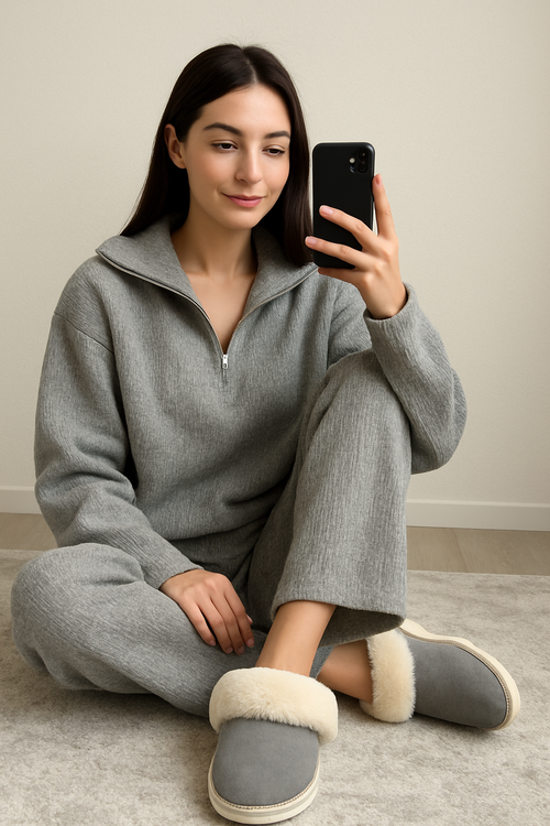 Close-up of soft gray winter slippers for home wear