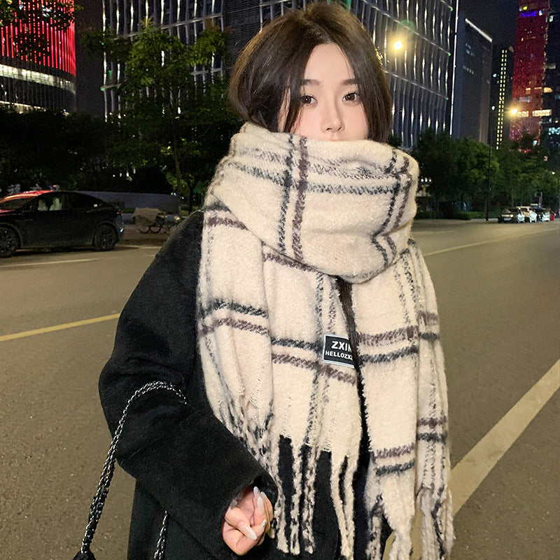 thick plaid winter scarf wrapped around neck oversized fluffy style