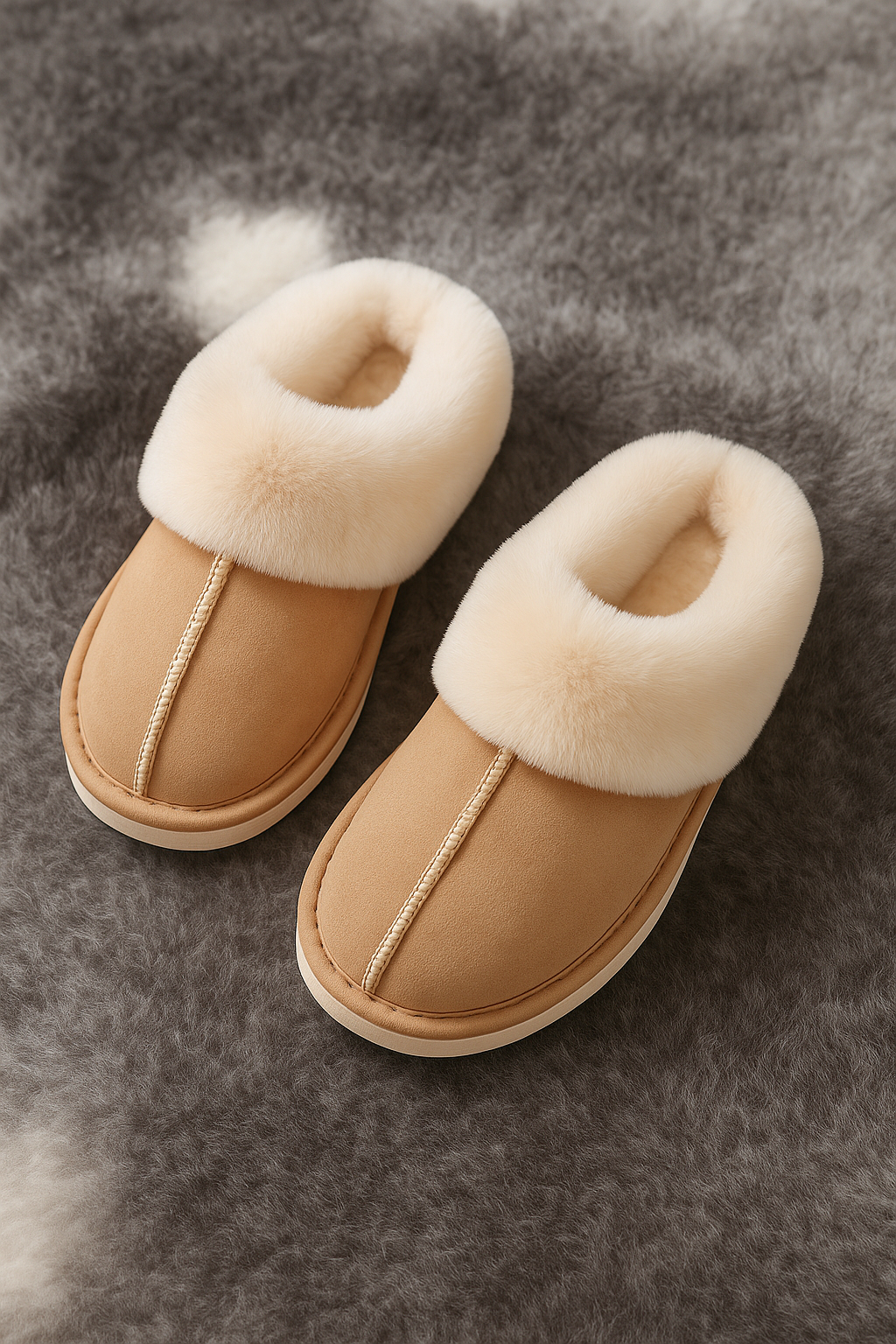 Close-up of beige plush winter slippers on cozy flooring
