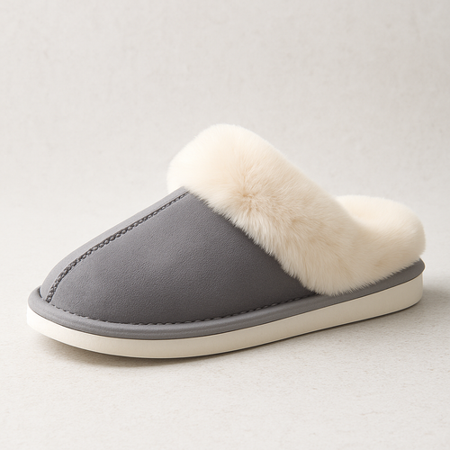Cozy light gray fur slippers styled in a bedroom