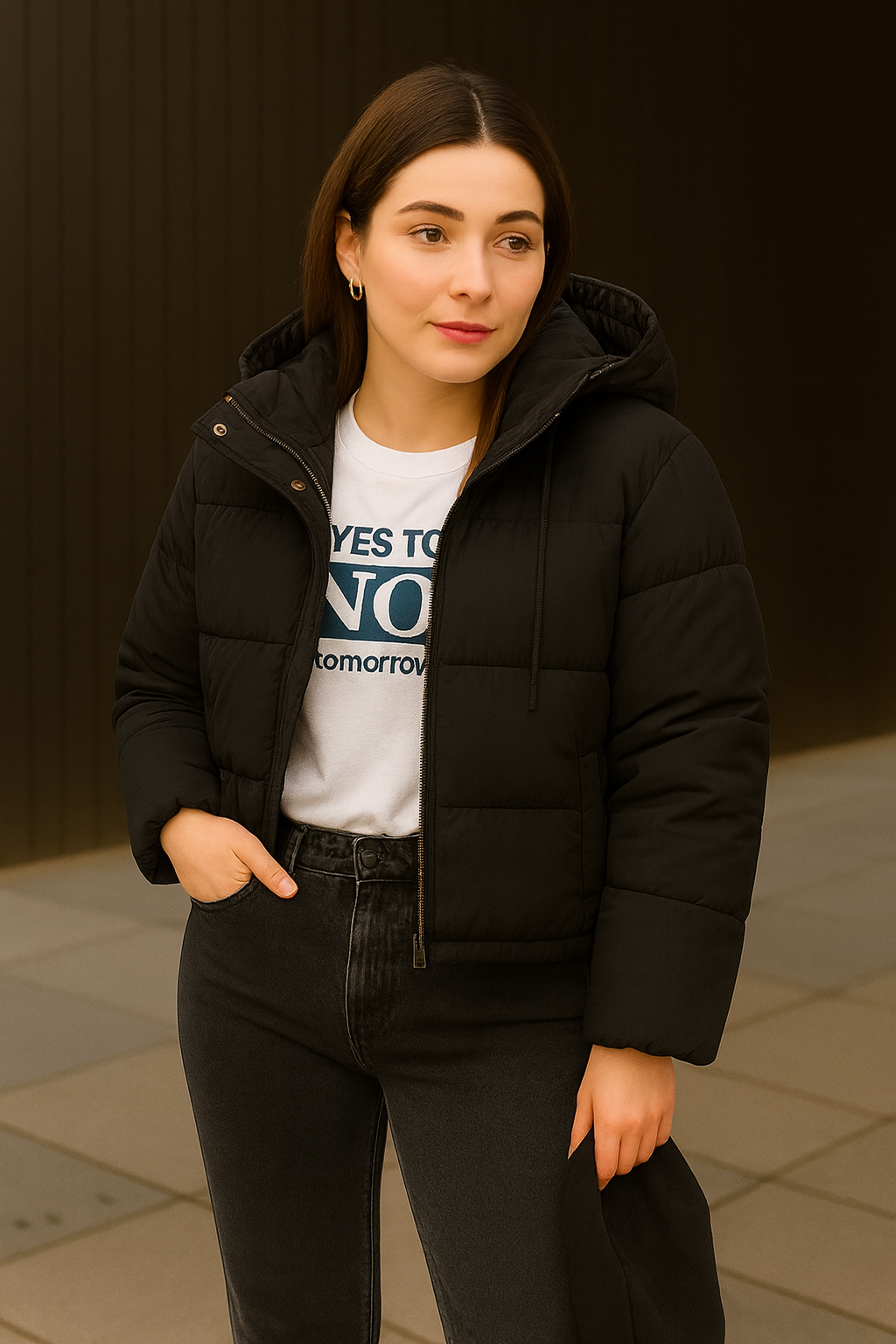 black cozy puffer jacket styled with winter outfit