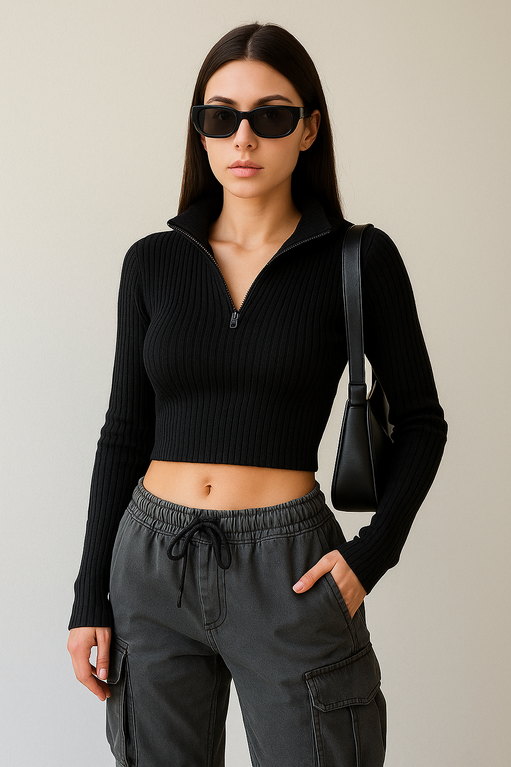 close up of black quarter zip knit top for women
