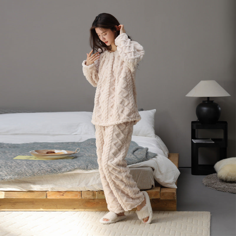 Warm textured fleece fabric close-up of women’s cozy sleepwear set