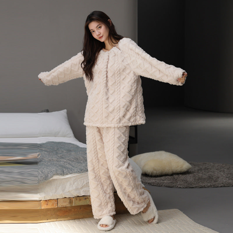 Women’s cozy fleece two-piece loungewear set in beige, soft warm winter outfit