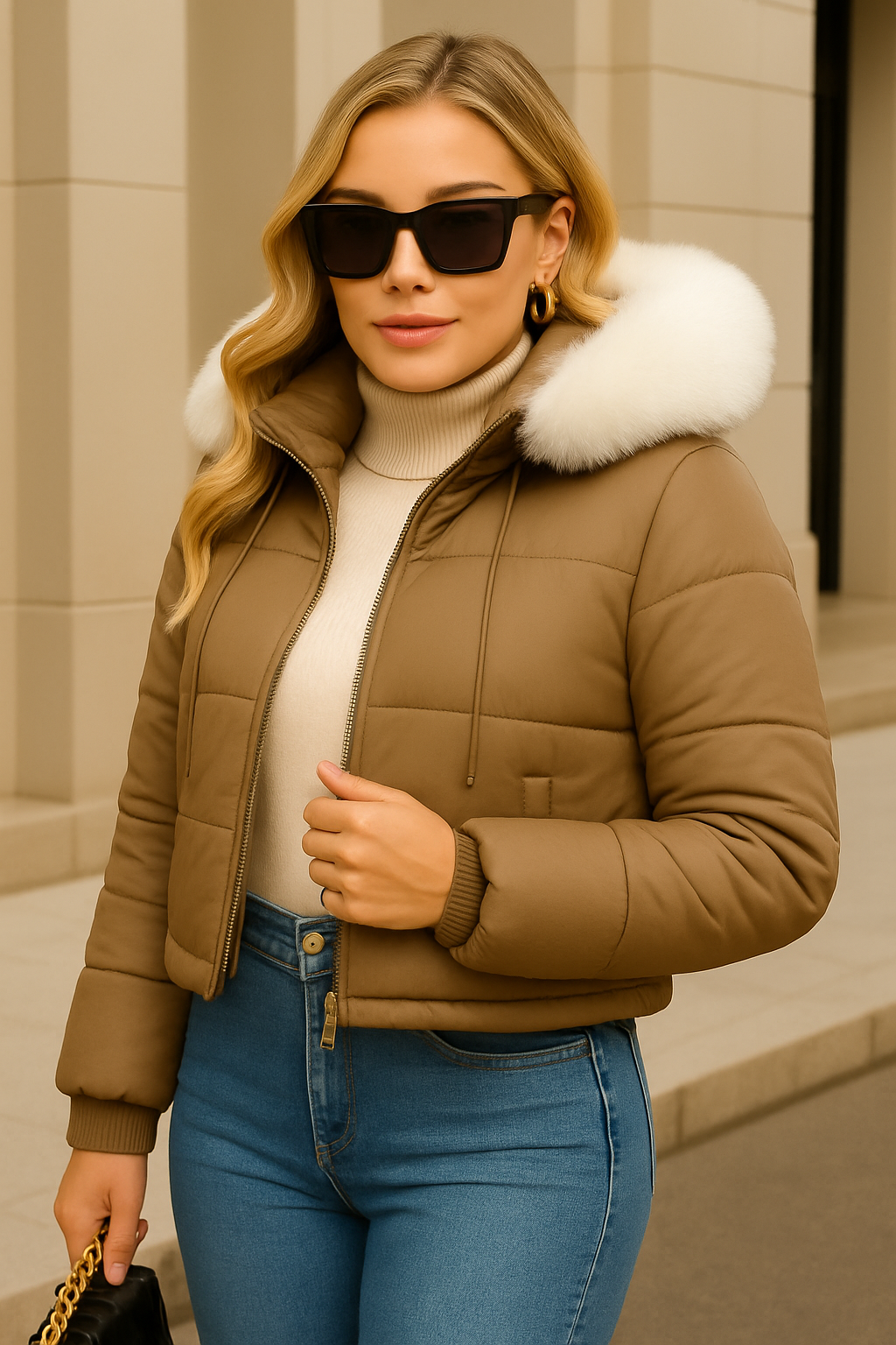 Model posing in a cozy khaki winter puffer jacket with fluffy fur hood.