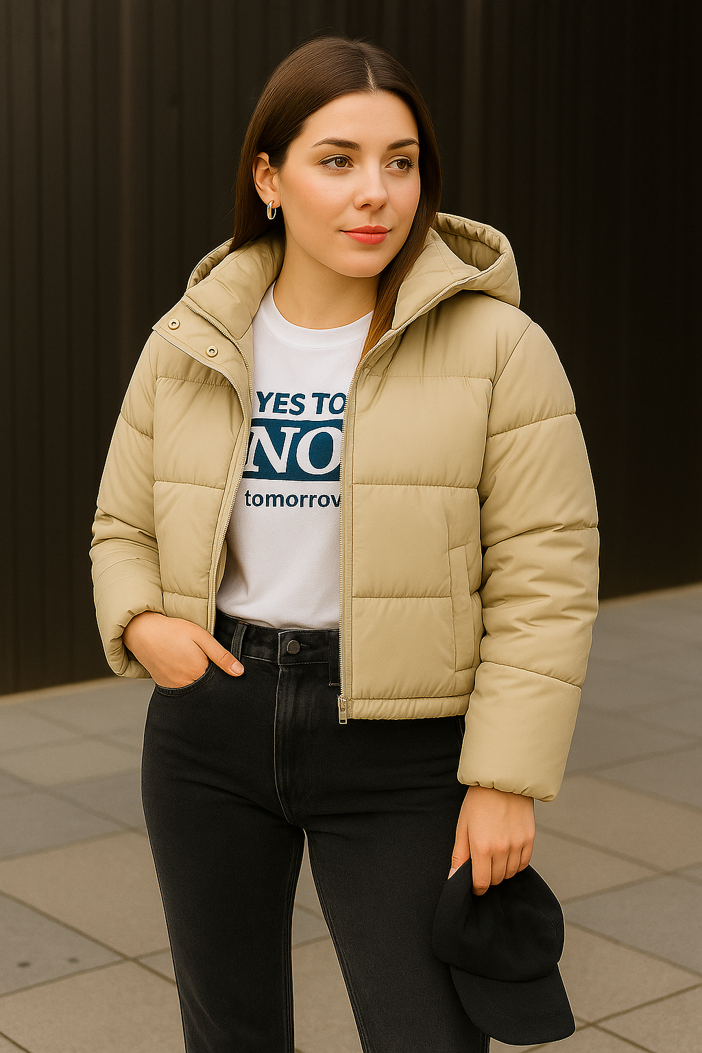 khaki cozy puffer jacket styled for cold weather