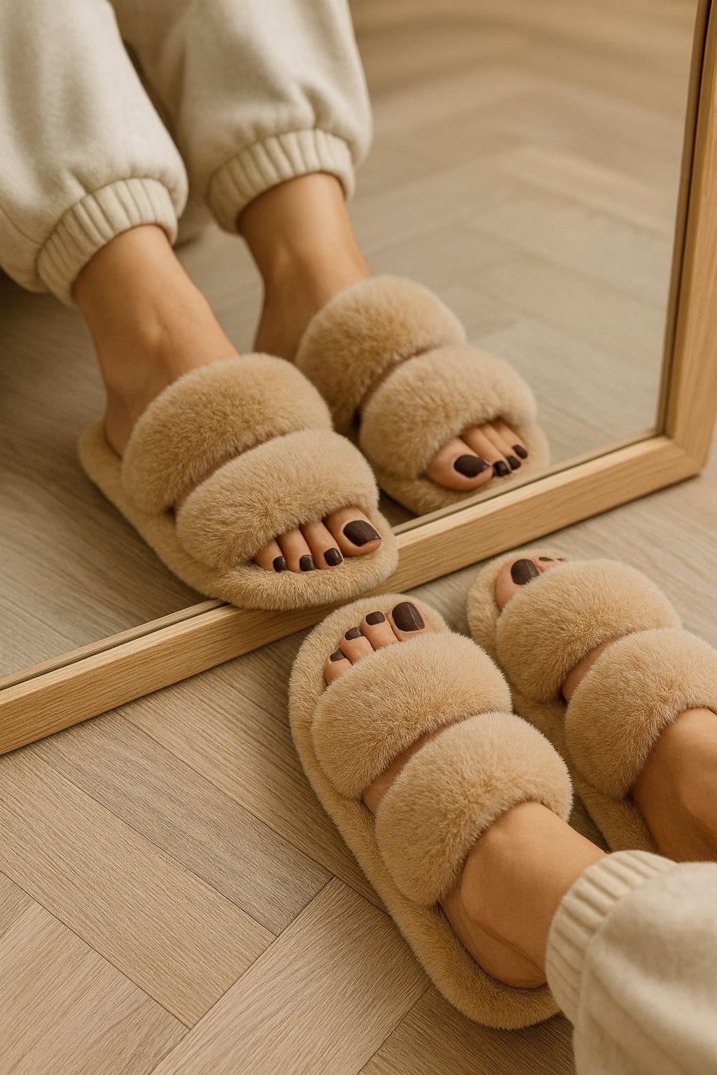 Cozy khaki fuzzy slippers for winter home lounging.