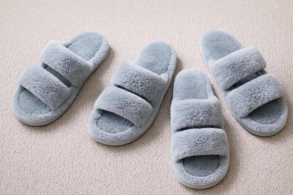Women’s pastel blue fluffy slippers for cozy home comfort.