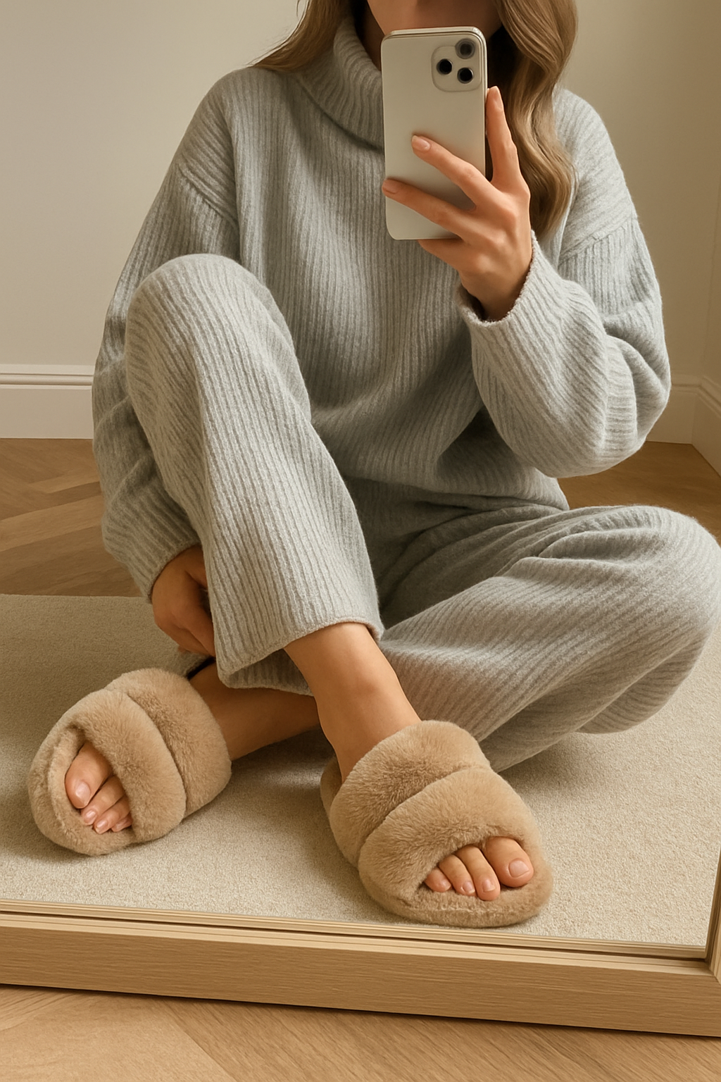 Women’s khaki double-band fur slippers on a soft indoor carpet.