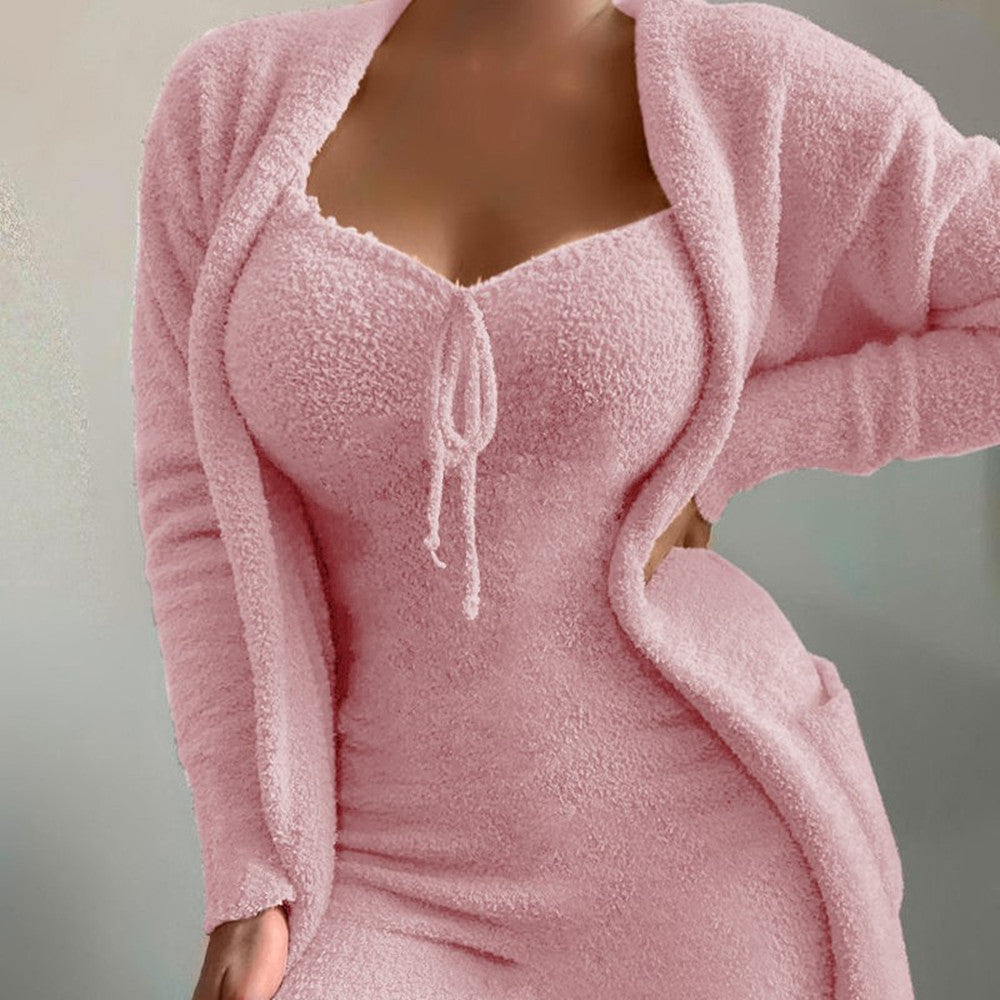 Woman wearing beige plush loungewear two-piece set, front view