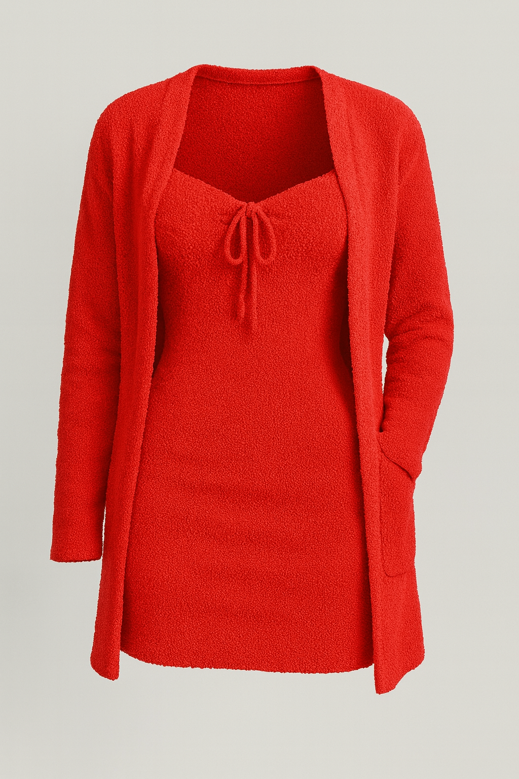 Woman wearing black plush loungewear two-piece set, back view