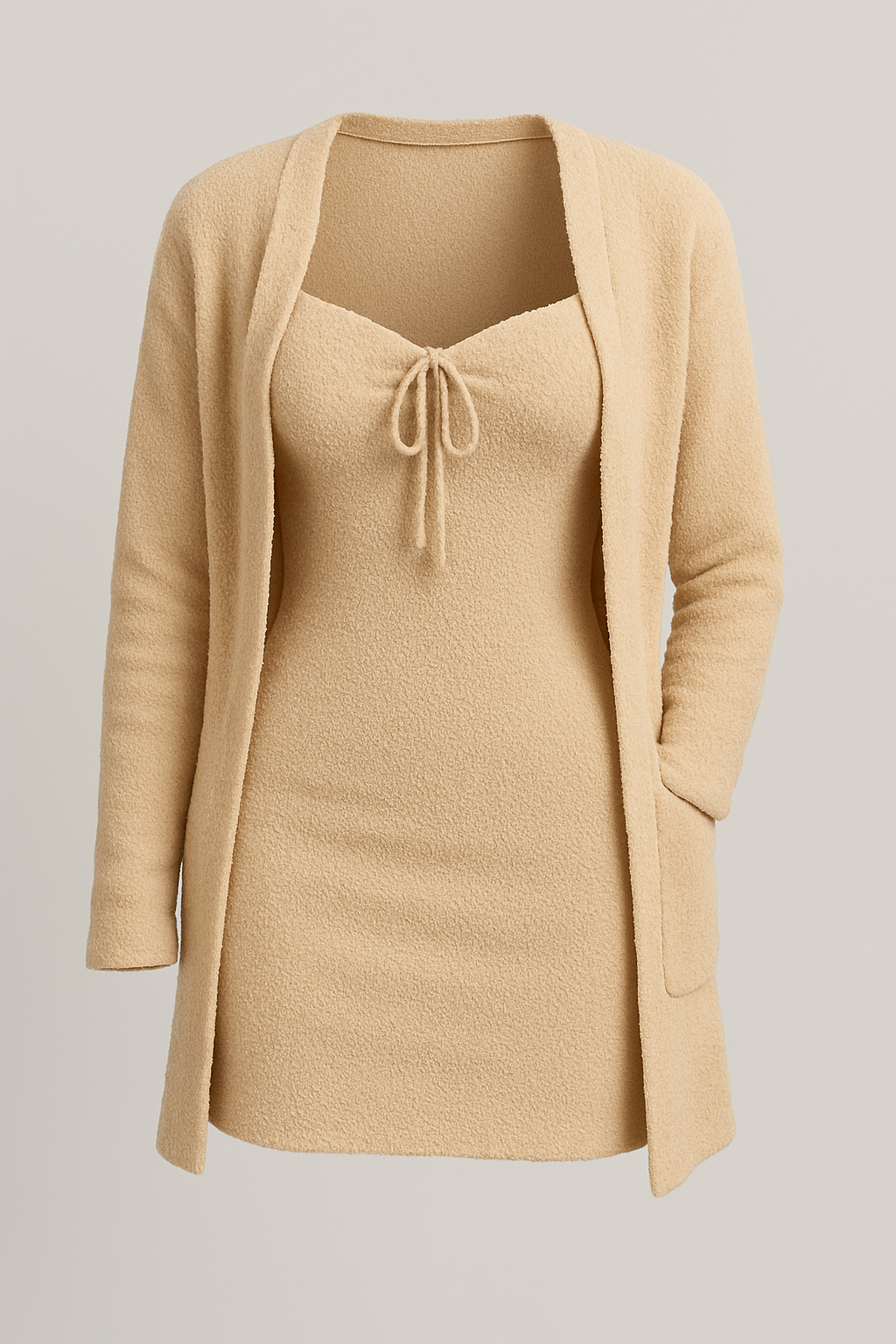 Woman wearing black plush loungewear two-piece set, front view