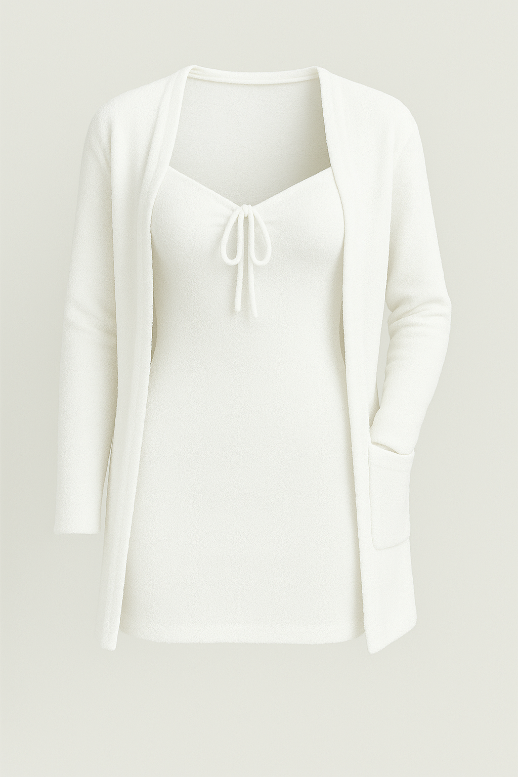 Woman wearing red plush loungewear two-piece set, side view