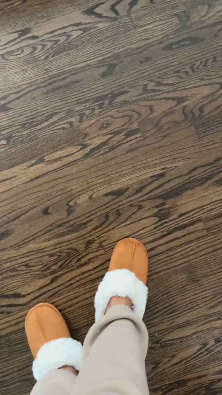 warm and cozy faux fur slippers for at home winter time