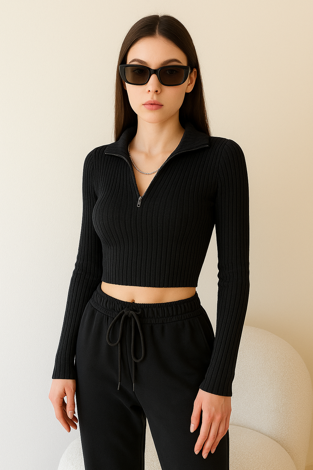 woman wearing a black ribbed quarter zip knit top