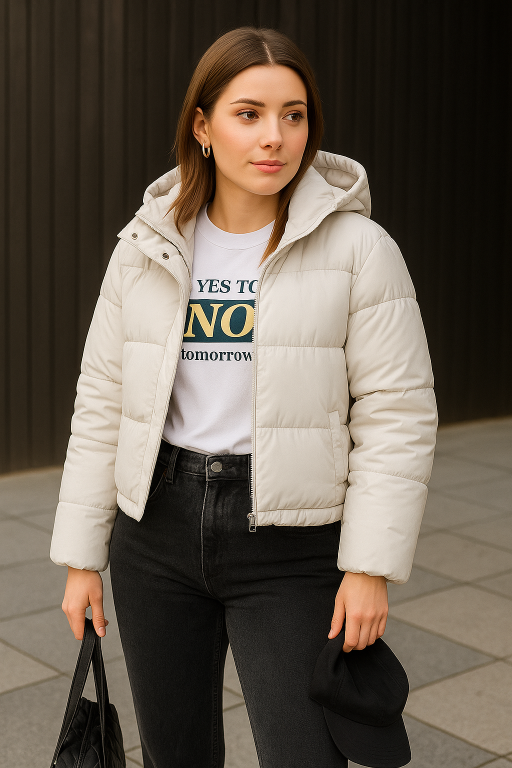 white cozy puffer jacket styled for winter