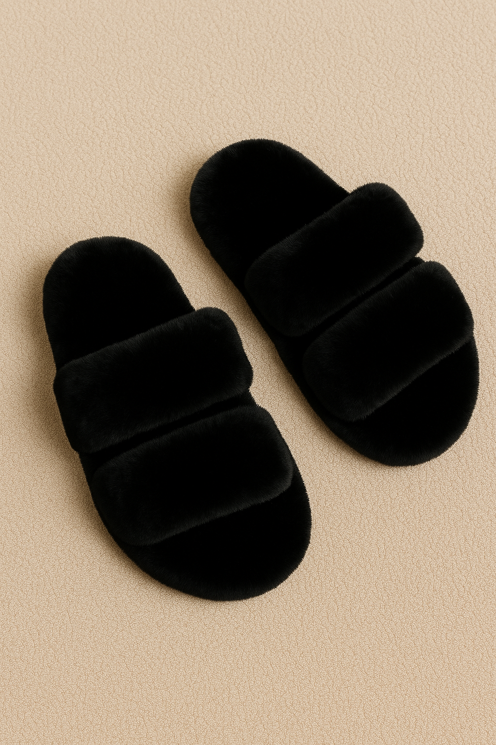 Cozy black furry slides designed for winter lounging.