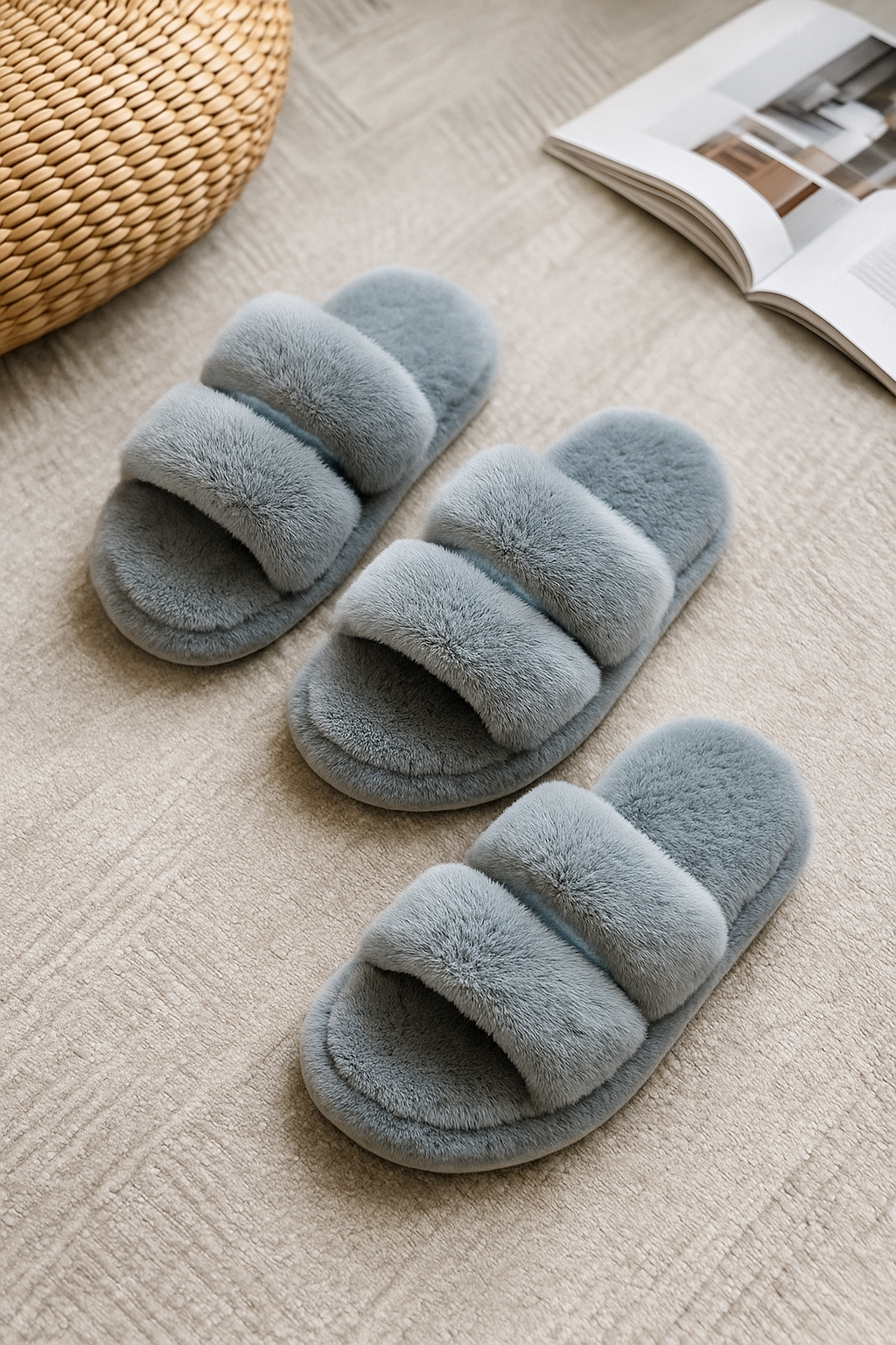 Soft light blue fur slippers displayed indoors.