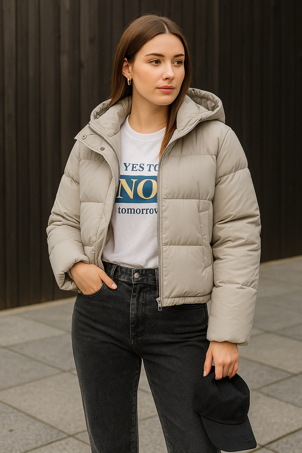 jade white cozy puffer jacket styled for winter