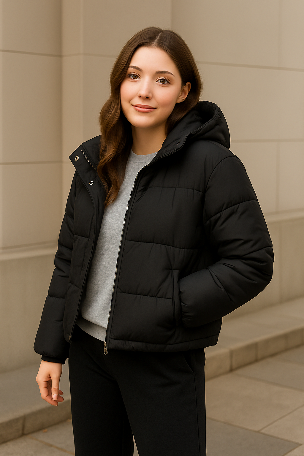 warm black puffer jacket for women in streetwear look