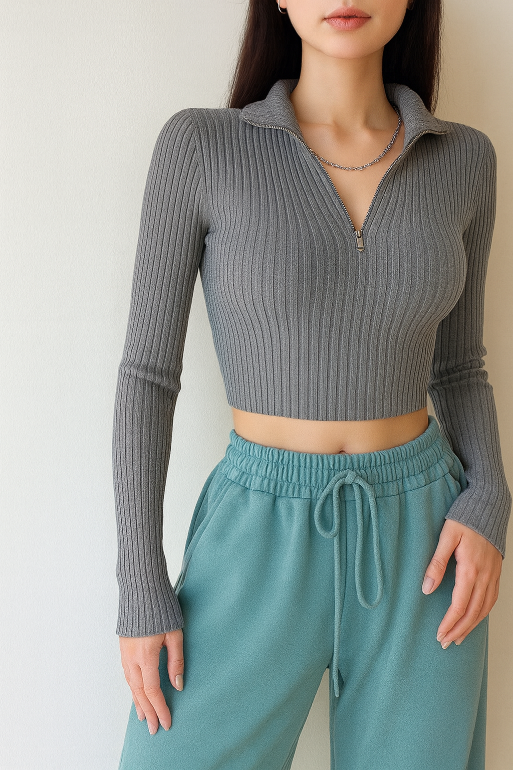 dark gray slim fit knit top styled casually