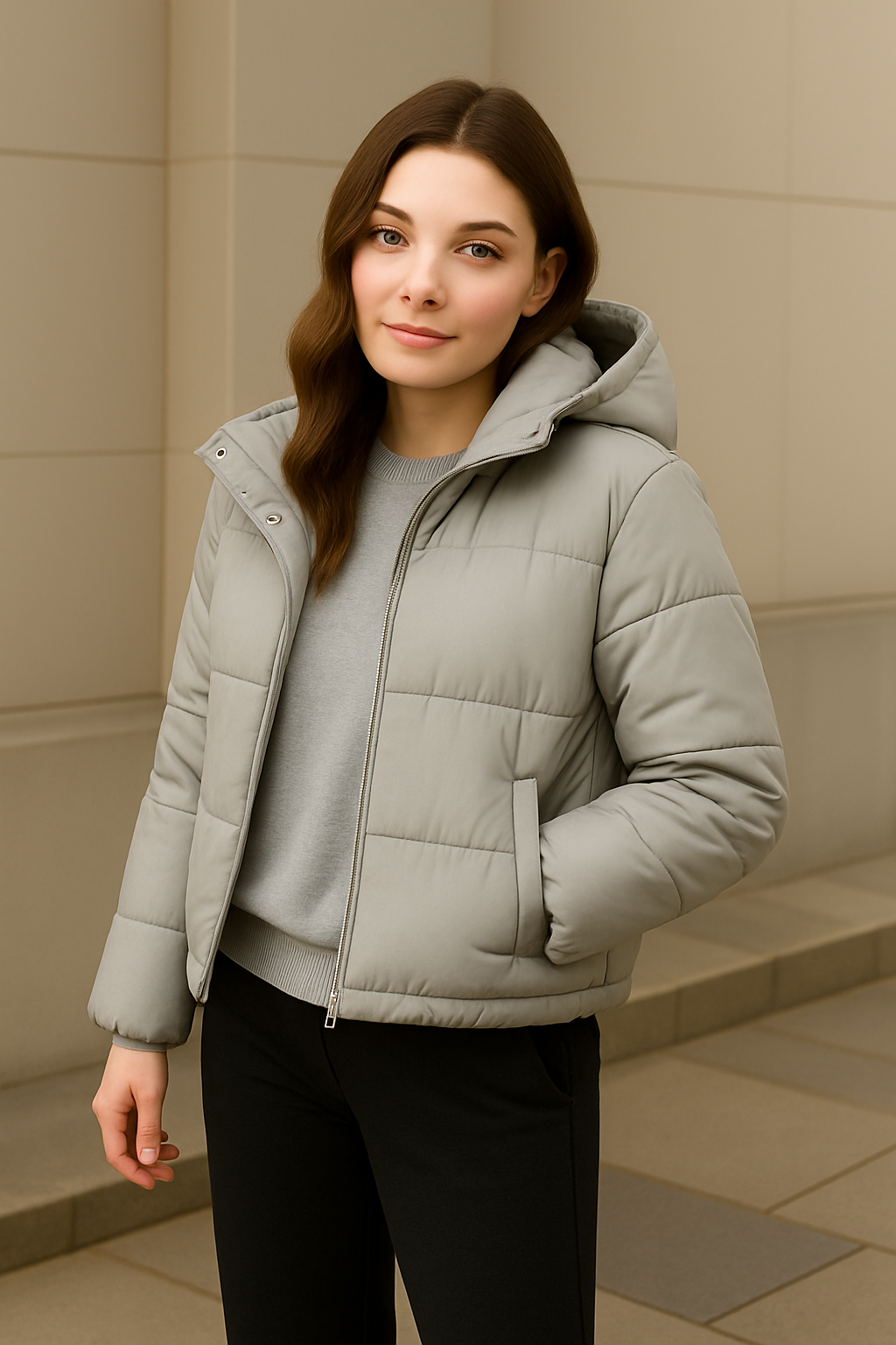 light gray womens puffer jacket for cold weather