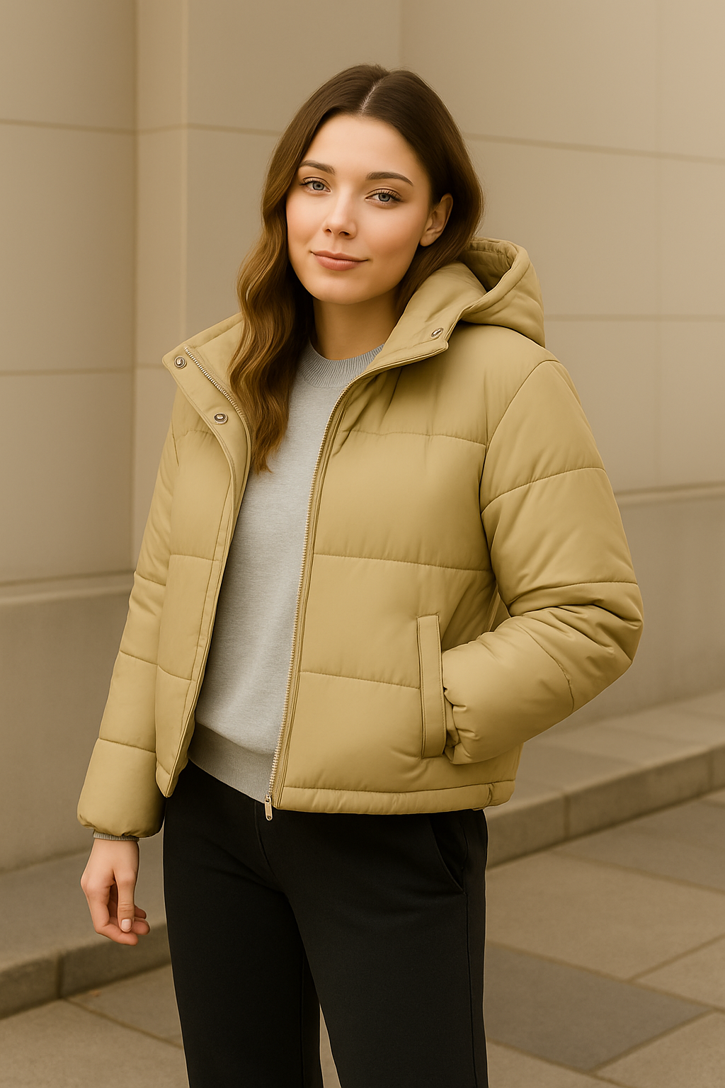 warm khaki puffer jacket for women indoors