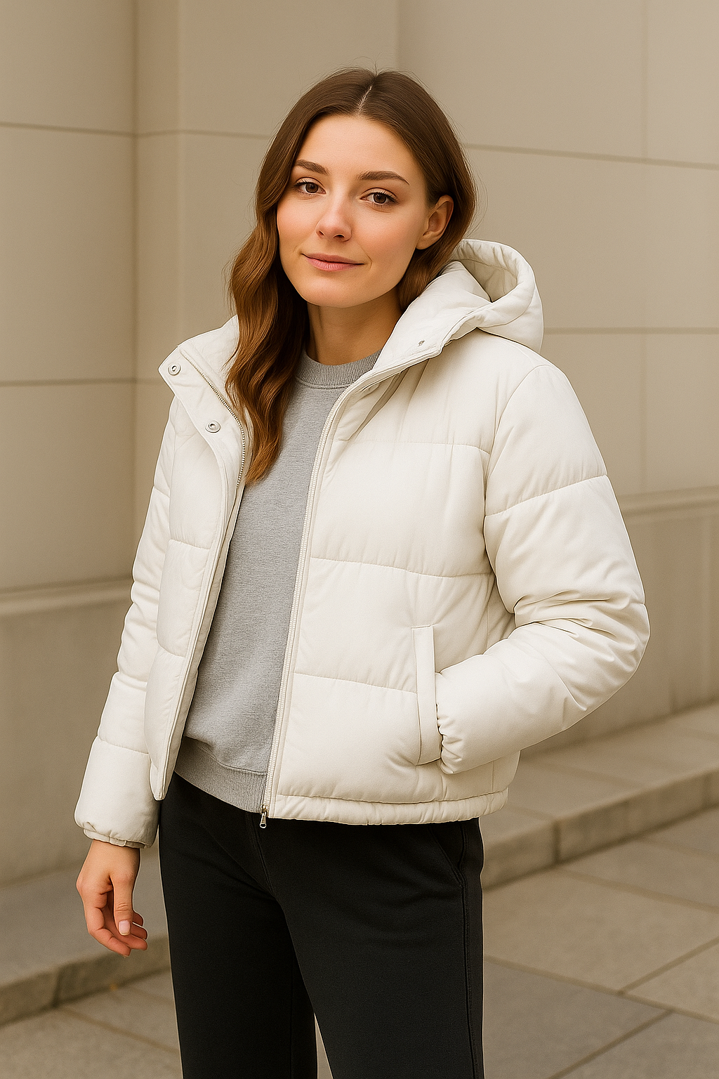 womens white warm puffer jacket in casual outfit